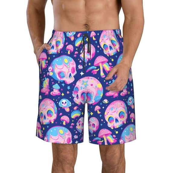 Kdxio colorful Skull mushroom rainbow Pattern Mens Casual Shorts - Drawstring Summer Beach Sports Shorts for Men