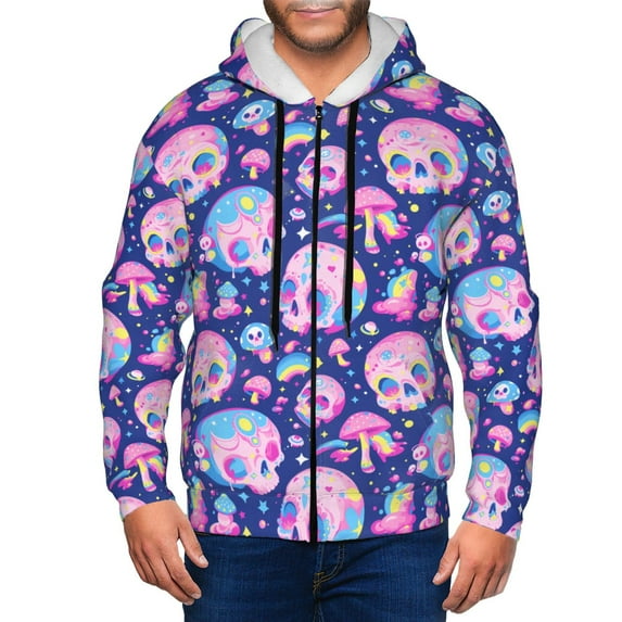 Kdxio colorful Skull mushroom rainbow Print Men Hoodies Casual Hoodies for Men with Zip Pockets Full Zip Long Sleeve Sweatshirt Sports Hooded Jacket-Large