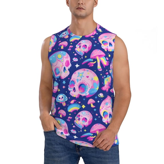 Kdxio colorful Skull mushroom rainbow for Men's Muscle T-shirt,Sleeveless for Workout Running Athletic Gym Lounge Casual