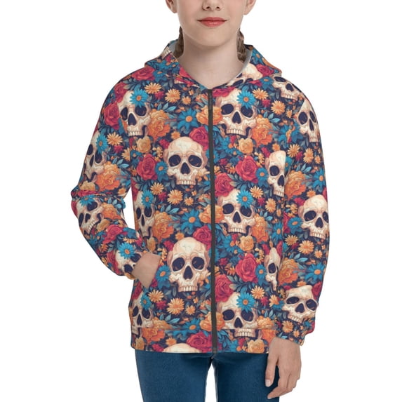 Kdxio colorful Skull rose Pattern Kids Boys Girls Zip Up Hoodie 3D Printed Hooded Sweatshirt Hoody Coat with Pocket 7-12 Y-Small
