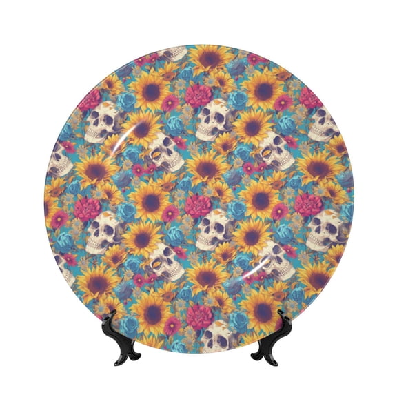 Kdxio colorful Skull sunflower Bone China Decorative Plate Ceramic Decorative Plate for Home Office Wall Stand Decorative Plates for Home Bedroom-6in