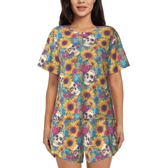 Kdxio colorful Skull sunflower Print Pajamas Sets for Women Short-Sleeved Pjs with Lounge Shorts Two Piece Sleepwear S-4XL