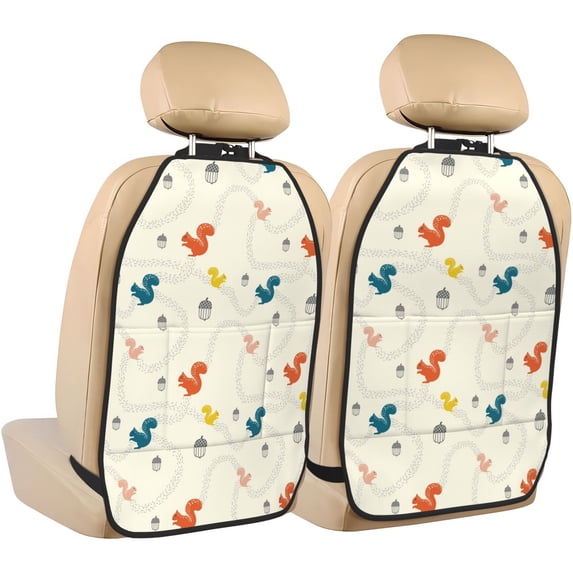 Kdxio colorful Squirrel Nuts Print 2 Pack Car Kick Mat Seat Cover Back Protector Mat with Pockets for Organizer Backseat Protector and Storage Anti Kick Pad for Vehicles