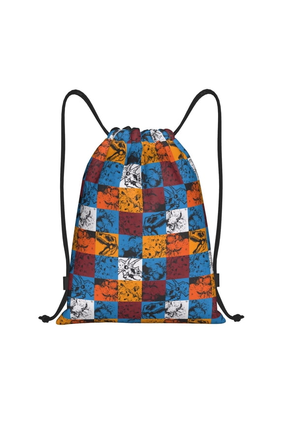 colorful plaid Dinosaur Print Drawstring Backpack Bag,Waterproof Draw String Back Sack, Gym Drawstring Bags Swim Bag For Unisex