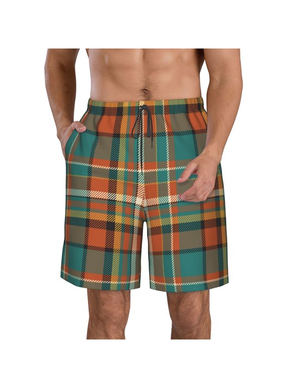 colorful plaid Pattern Mens Casual Shorts - Drawstring Summer Beach Sports Shorts for Men