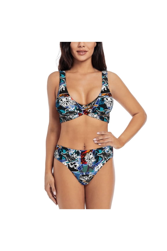 colorful snow board Print Women's 2 Piece High Waisted Wrap Spaghetti Strap Summer Swimsuit Bikini Set-Large