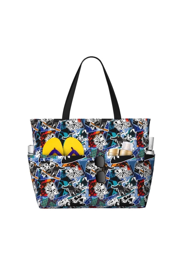 colorful snow board for Beach Bag for Women Large Beach Tote Bag Waterproof Sandproof Swim Bag with Zipper Pockets Beach Vacation Travel