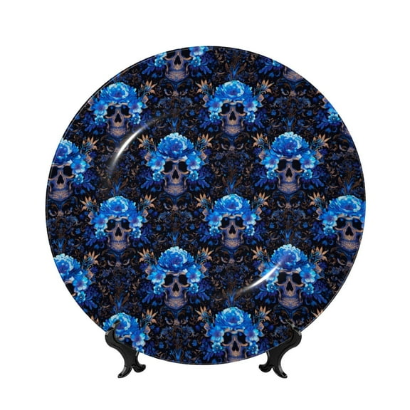 Kdxio cool blue flower Skull Bone China Decorative Plate Ceramic Decorative Plate for Home Office Wall Stand Decorative Plates for Home Bedroom-10in
