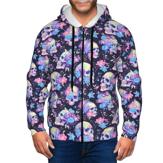 Kdxio cool flower Skull Print Men Hoodies Casual Hoodies for Men with Zip Pockets Full Zip Long Sleeve Sweatshirt Sports Hooded Jacket-Small