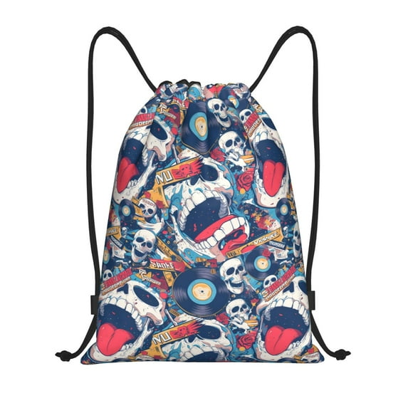 Kdxio cool rock Skull Print Drawstring Backpack Bag,Waterproof Draw String Back Sack, Gym Drawstring Bags Swim Bag For Unisex