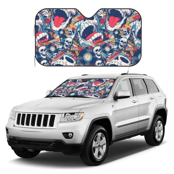 Kdxio cool rock Skull Print Windshield Sun Shade, Foldable Sun Blocker for Car,Truck,SUV Automotive Interior Sun Protection,Reflective Shade for Front Windshield(Medium)