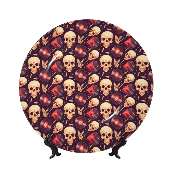 Kdxio cool rock Skull record Bone China Decorative Plate Ceramic Decorative Plate for Home Office Wall Stand Decorative Plates for Home Bedroom-7in