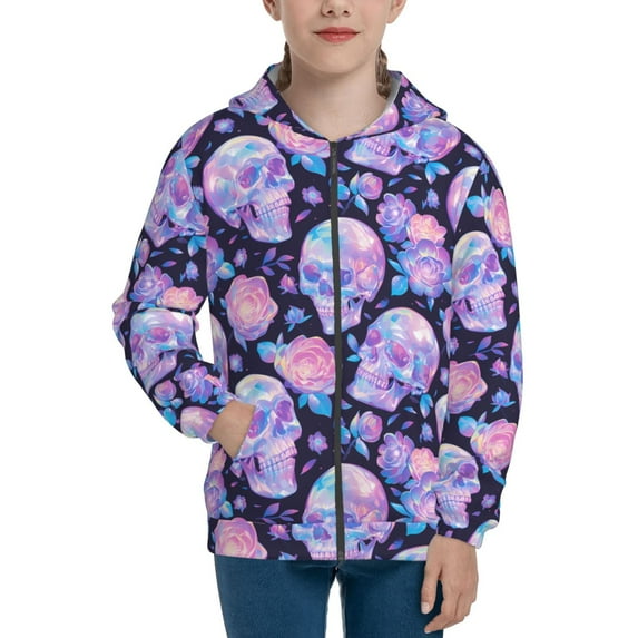 Kdxio crystal Skull flower Pattern Kids Boys Girls Zip Up Hoodie 3D Printed Hooded Sweatshirt Hoody Coat with Pocket 7-12 Y-Medium