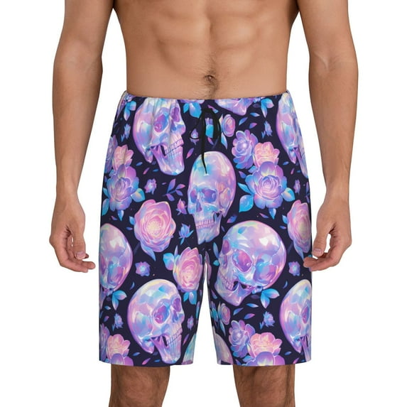 Kdxio crystal Skull flower Print Mens Sleep Shorts Bottoms Soft Comfy Pajama Wear Pants with Drawstring Pockets