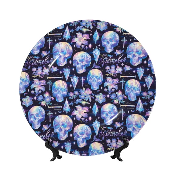 Kdxio crystal cool Skull flower Bone China Decorative Plate Ceramic Decorative Plate for Home Office Wall Stand Decorative Plates for Home Bedroom-7in