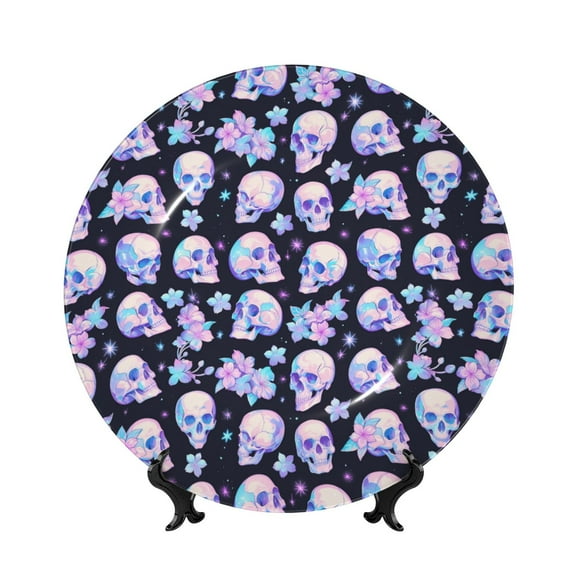 Kdxio crystal flower Skull Bone China Decorative Plate Ceramic Decorative Plate for Home Office Wall Stand Decorative Plates for Home Bedroom-8in