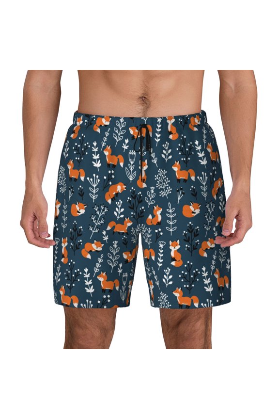 cute fall fox Print Men's Swim Trunks with Compression Liner 7 Inch Inseam Quick Dry Swim Shorts