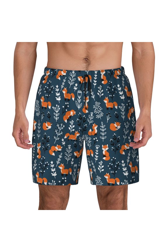 cute fall fox Print Men's Swim Trunks with Compression Liner 7 Inch Inseam Quick Dry Swim Shorts