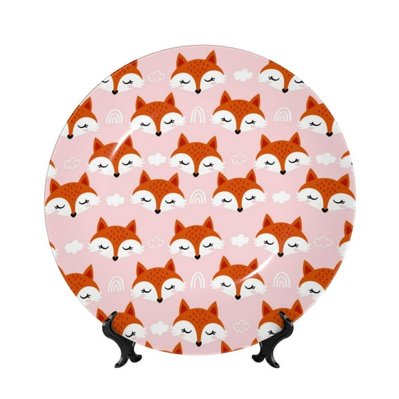 Kdxio cute fox pink Bone China Decorative Plate Ceramic Decorative Plate for Home Office Wall Stand Decorative Plates for Home Bedroom-8in