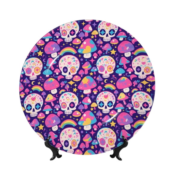 Kdxio cute rainbow mushroom Skull Bone China Decorative Plate Ceramic Decorative Plate for Home Office Wall Stand Decorative Plates for Home Bedroom-6in