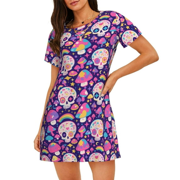 Kdxio cute rainbow mushroom Skull Pattern Womens Short Sleeve Sleepshirt Scoopneck Cute Nightdress Ruffle Comfy Nightgown