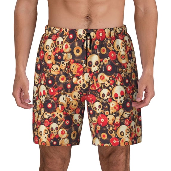 Kdxio cute record music Skull Print Men's Swim Trunks with Compression Liner 7 Inch Inseam Quick Dry Swim Shorts