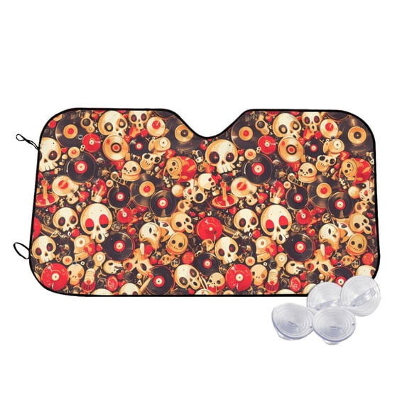 Kdxio cute record music Skull Print Windshield Sun Shade,UV Rays and Sun Heat Protection,Sunshade for Car Windshield,Car Shade Front Windshield - Medium