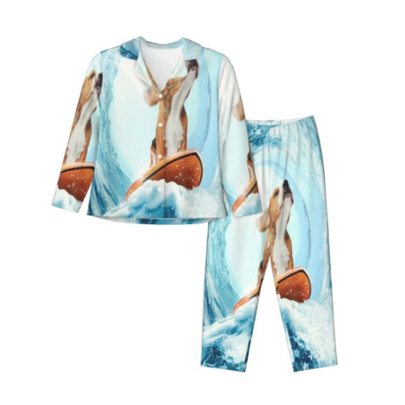 Kdxio dog surfing on surfboard Women's Pajama Sets Long Sleeve Button Down Sleepwear Nightwear Soft Pjs Lounge Sets(S-XXL)-Small