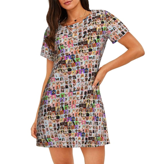 Kdxio dogs and cats Pattern Womens Short Sleeve Sleepshirt Scoopneck Cute Nightdress Ruffle Comfy Nightgown