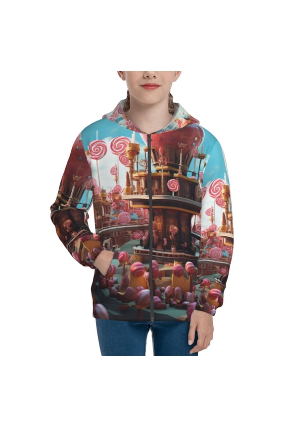 fairy-tale-world-with-delicious-candy Pattern Kids Boys Girls Zip Up Hoodie 3D Printed Hooded Sweatshirt Hoody Coat with Pocket 7-12 Y-Small