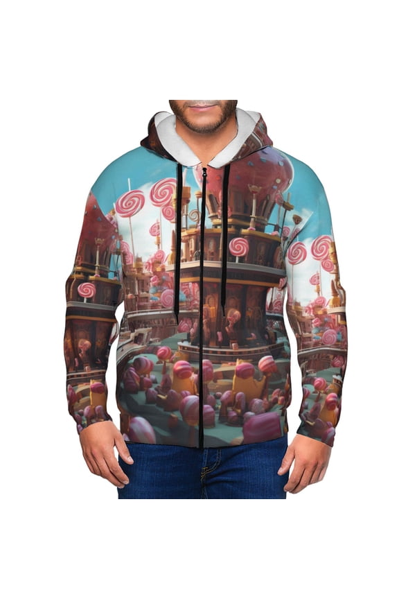 fairy-tale-world-with-delicious-candy Print Men Hoodies Casual Hoodies for Men with Zip Pockets Full Zip Long Sleeve Sweatshirt Sports Hooded Jacket-XX-Large