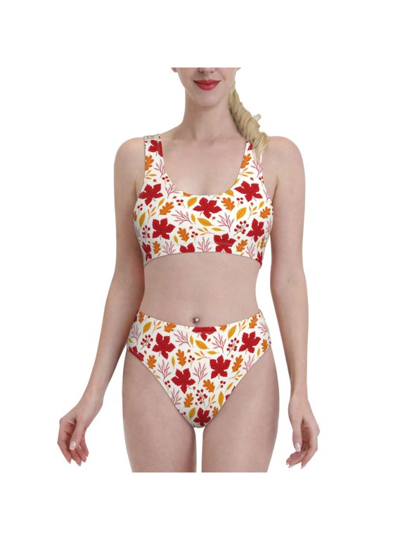 fall laef Maple for Womens High Waisted Bikini Top Sports Style Two Piece Bathing Suits