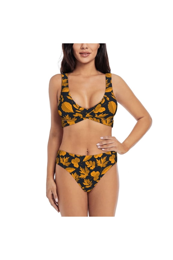 fall leaf Print Women's 2 Piece High Waisted Wrap Spaghetti Strap Summer Swimsuit Bikini Set-Medium