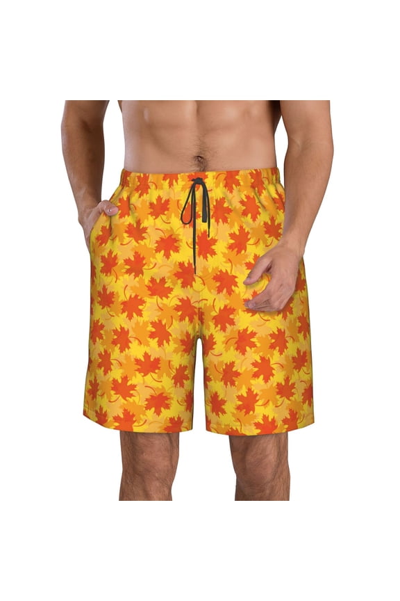 fall retro maple leaf Pattern Mens Casual Shorts - Drawstring Summer Beach Sports Shorts for Men