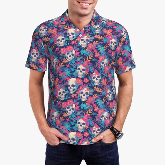 Kdxio flower Skull leaf colorful Print Men's Short Sleeve Polo Shirt,Midweight Men's Shirt