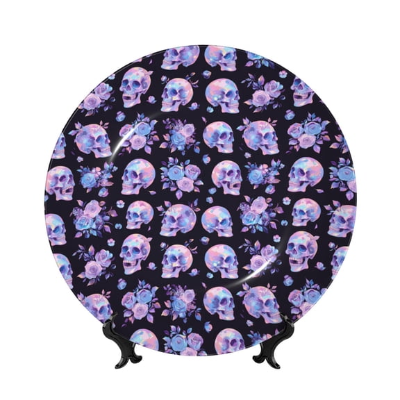 Kdxio flower Skull rose Bone China Decorative Plate Ceramic Decorative Plate for Home Office Wall Stand Decorative Plates for Home Bedroom-7in