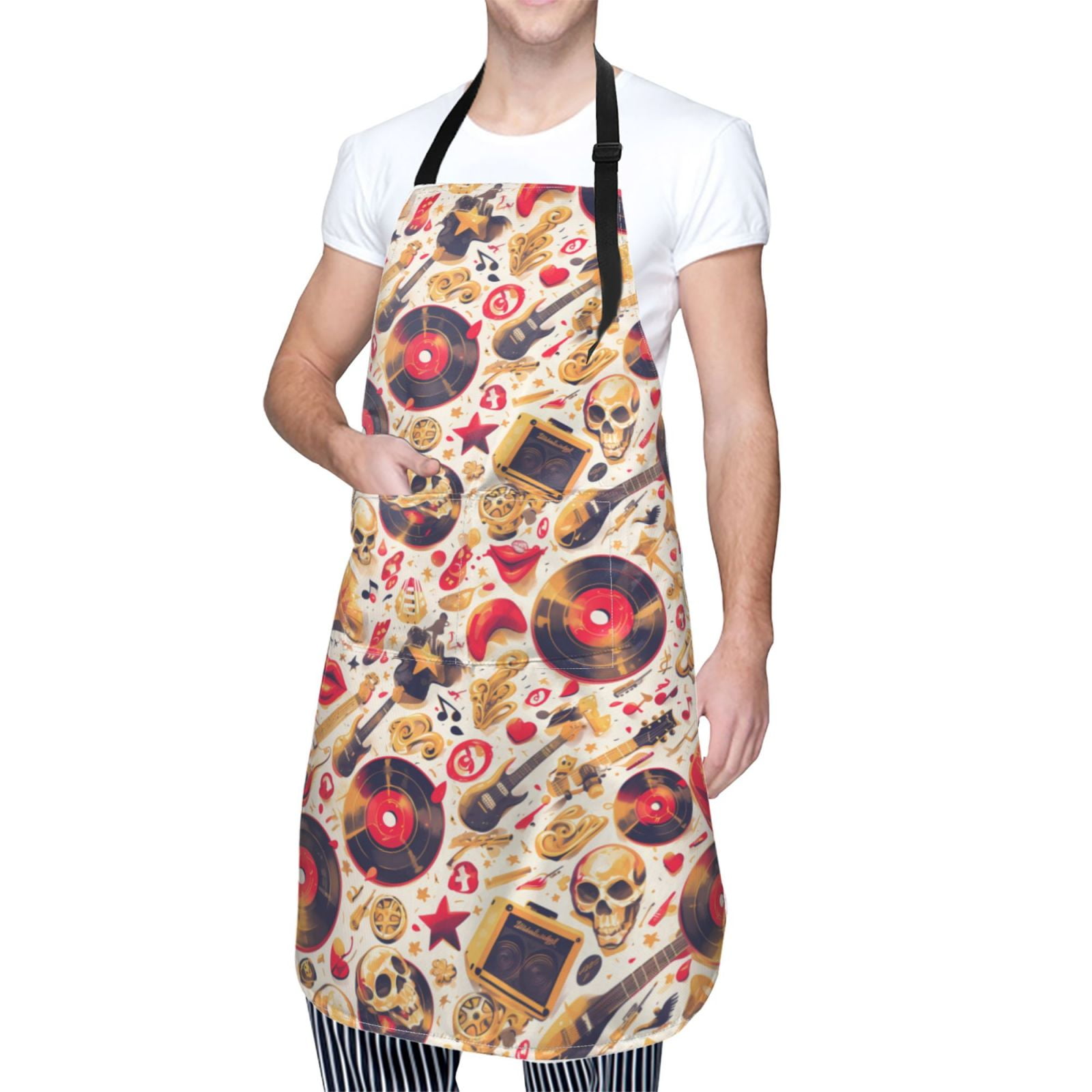 Kdxio gold Skull Guitar record Apron with Pockets Adjustable Kitchen Aprons for Men Women Waterproof Aprons for Cooking,Drawing,Crafting, Baking Household Cleaning