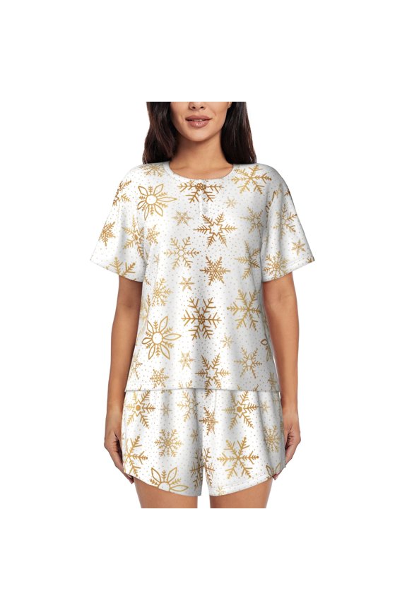 gold Snowflake print Print Pajamas Sets for Women Short-Sleeved Pjs with Lounge Shorts Two Piece Sleepwear S-4XL