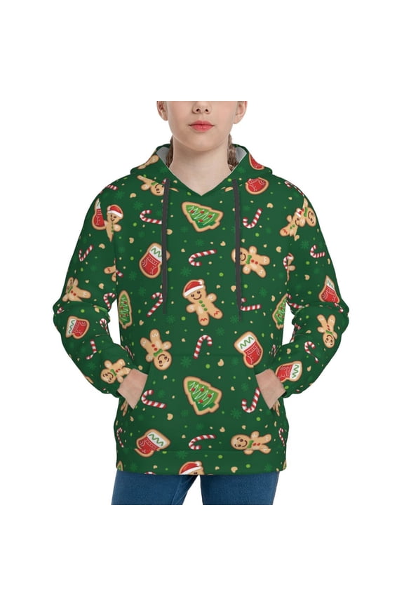 green Christmas Element Pattern Boys Athletic Unisex Boys Girls Hoodie with Pocket Sweatshirts-Small