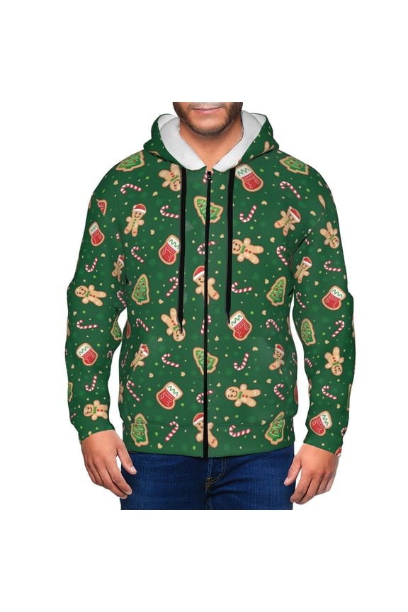 green Christmas Element Print Men Hoodies Casual Hoodies for Men with Zip Pockets Full Zip Long Sleeve Sweatshirt Sports Hooded Jacket-XX-Large