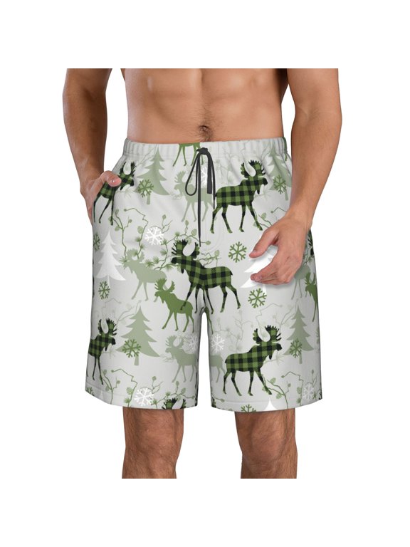 green plaid Moose tree Pattern Mens Casual Shorts - Drawstring Summer Beach Sports Shorts for Men