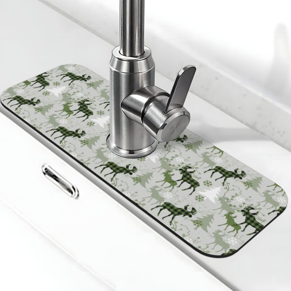 Kdxio green plaid Moose tree Pattern Non-Slip Diatom Mud Faucet Drain Pad,Self Absorbent Mat for Kitchen Sink for Variety Kitchen & Bathroom Countertops