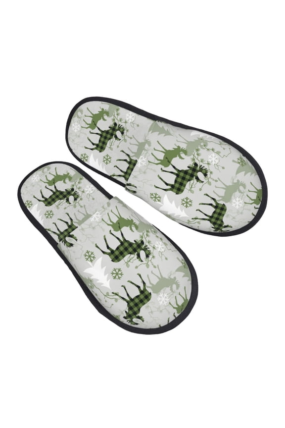 green plaid Moose tree Pattern Slippers for Women Memory Foam Fuzzy House Slippers Bedroom Non-slip Warm Womens Slippers