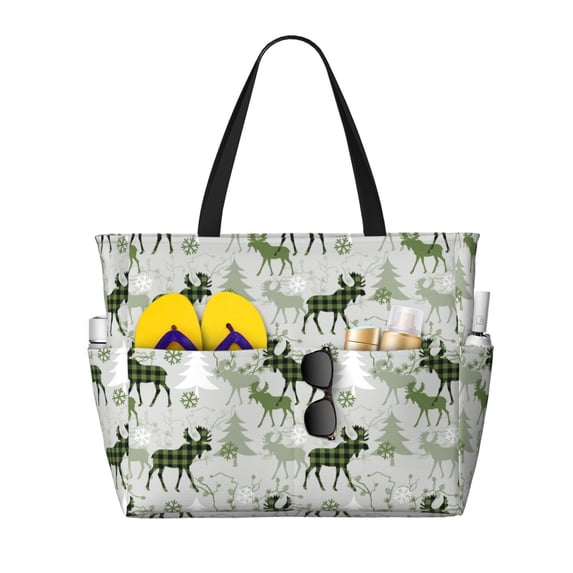 Kdxio green plaid Moose tree for Beach Bag for Women Large Beach Tote Bag Waterproof Sandproof Swim Bag with Zipper Pockets Beach Vacation Travel