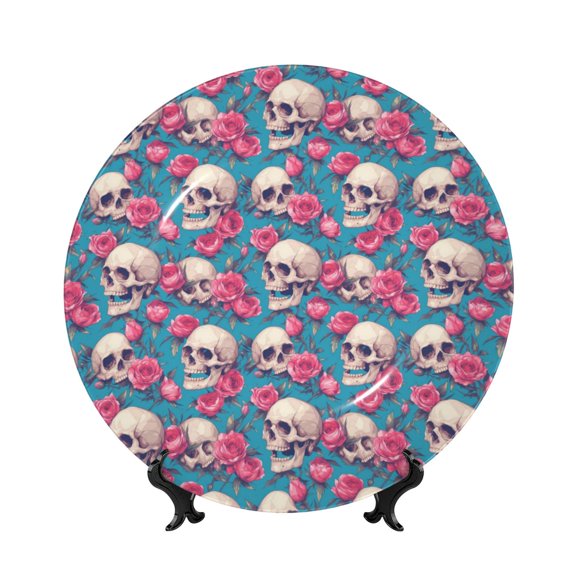 Kdxio happy Skull rose Bone China Decorative Plate Ceramic Decorative Plate for Home Office Wall Stand Decorative Plates for Home Bedroom-7in