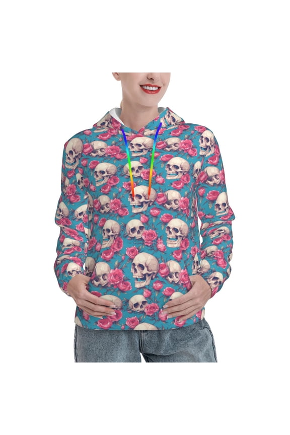 happy Skull rose Print Womens Oversized Hoodies Sweatshirts Hooded Pullover Tops Sweaters Casual-Large