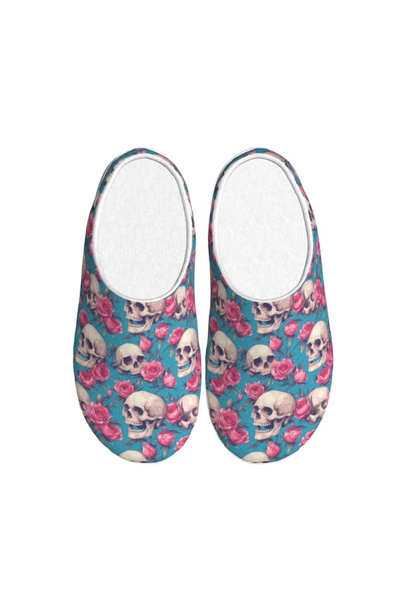 happy Skull rose Women's Men's Slippers Plush Slip-On House Slipper for Winter Indoor Soft Cushion Non-slip Fluffy Slides Slippers-39/40