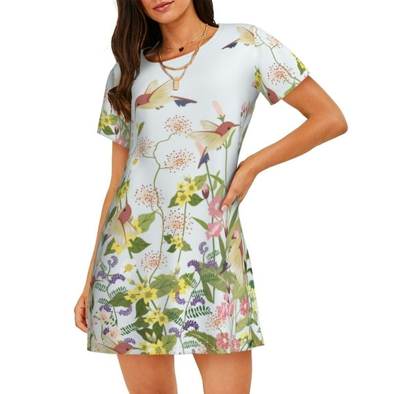 Kdxio hummingbird in floral Pattern Womens Short Sleeve Sleepshirt Scoopneck Cute Nightdress Ruffle Comfy Nightgown