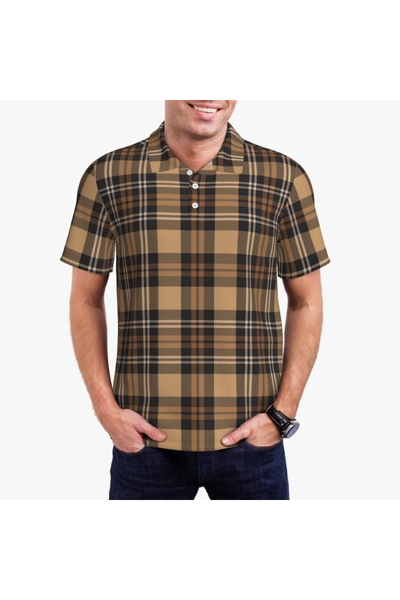khaki coffee plaid Print Men's Short Sleeve Polo Shirt,Midweight Men's Shirt-X-Large