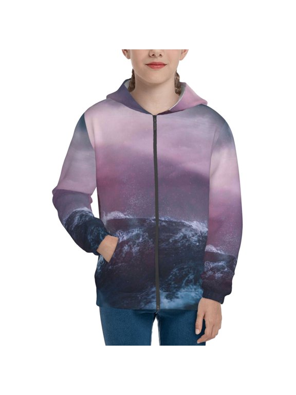 lighthouse Waves Torrential Rain Pattern Kids Boys Girls Zip Up Hoodie 3D Printed Hooded Sweatshirt Hoody Coat with Pocket 7-12 Y-Medium